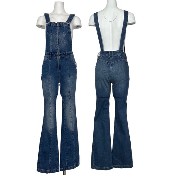 Free People We The Free Camilla Denim Overalls XS Rolling River Bell Bottoms - Picture 12 of 12